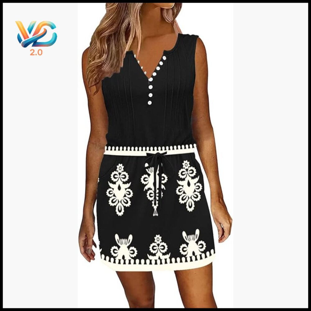 Sleeveless Summer Casual Dress Drawstring Waist Pockets Loose Fit